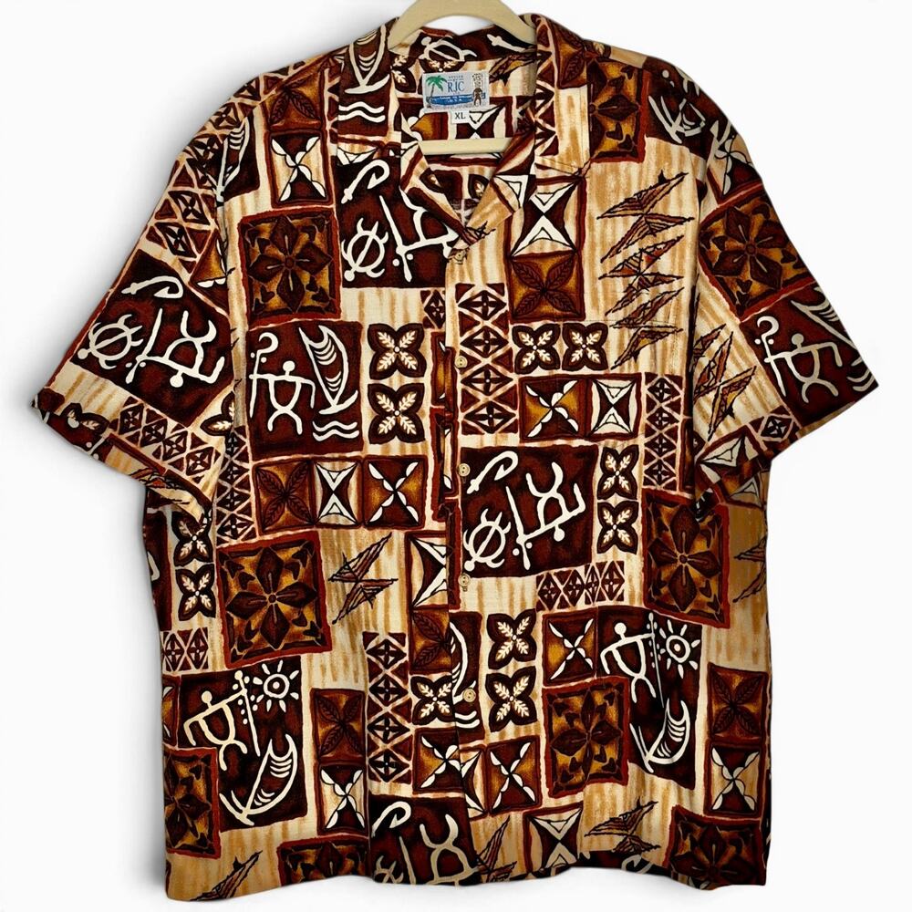 Vintage 80s Barkcloth RJC Hawaiian Shirt XL Tapa Print Made Hawaii Aloha Brown